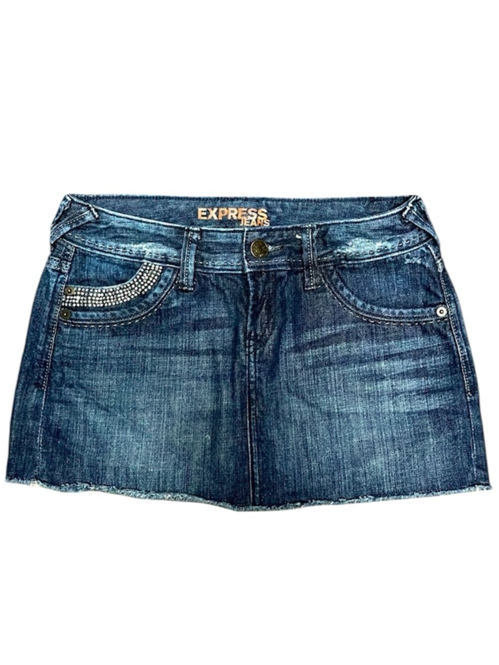 Express Jeans Low Rise Y2K Rhinestone Denim Micro Mini Skirt 0